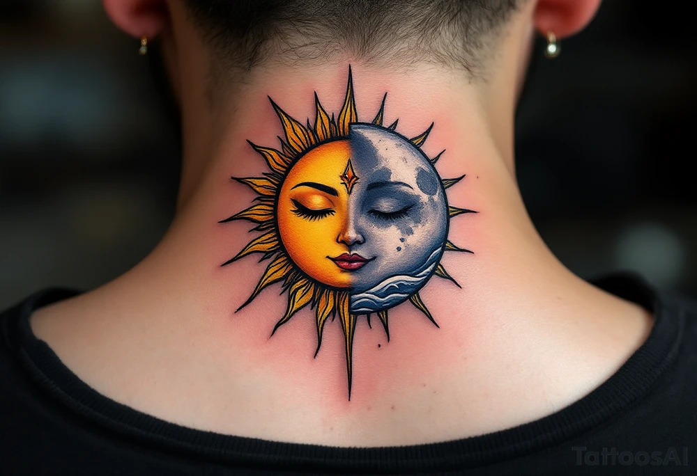 A radiant golden sun with sharp rays on one side and a calm silver moon with soft waves on the other, symbolizing karmic equilibrium. tattoo idea