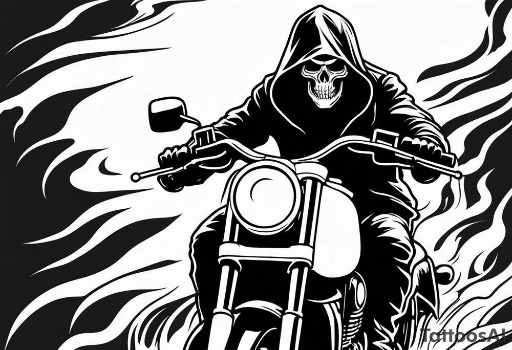Grim Reaper on adventure motorcycle
on fire with red glowing eyes tattoo idea