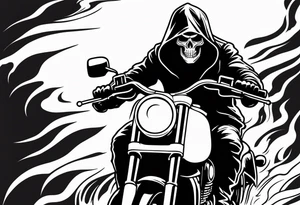 Grim Reaper on adventure motorcycle 
on fire with red glowing eyes tattoo idea