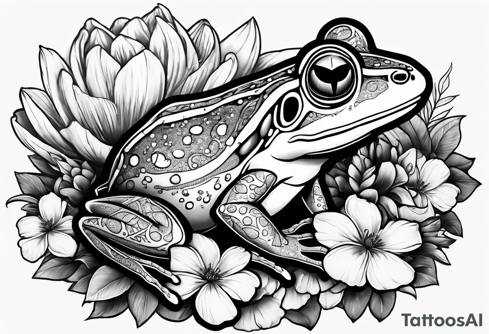 Frog with ring and flowers and sharks tattoo idea
