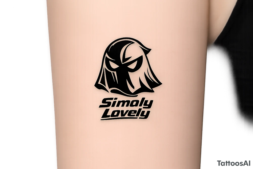 Create a 5 × 5 cm black ink tattoo combining the Koenigsegg Ghost logo, inspired by the Swedish flying squadron tribute, with the phrase **“Simply Lovely”** written underneath.

Make the ghost logo sharp, bold, and slightly aggressive, with a sleek hypercar and Formula 1 racing aesthetic. Use thick black outlines, clean geometric details, and a compact vertical composition. Below the ghost, add “Simply Lovely” in a bold italic racing font, similar to a motorsport team slogan.

Minimalist but powerful. Black and white only. No background, no extra logos, no flags, no car illustration. Professional tattoo stencil, crisp lines, highly readable text, designed for a small 5 × 5 cm tattoo. tattoo idea