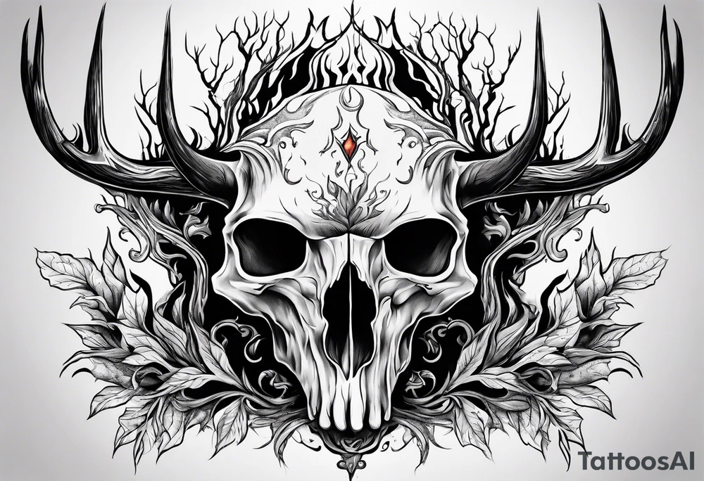 A scary decayed deer skull head human body with flames and trees tattoo idea
