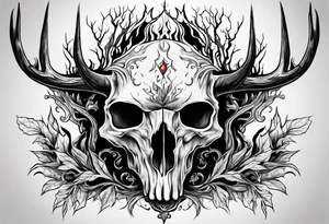 A scary decayed deer skull head human body with flames and trees tattoo idea