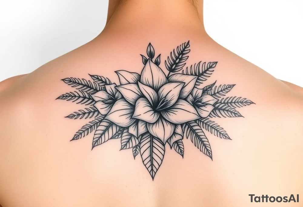 Bouquet made of birth flowers for the months of April May, June and August with exotic foliage like fern leaves and Monstera tattoo idea