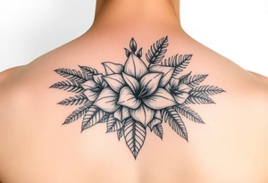 Bouquet made of birth flowers for the months of April May, June and August with exotic foliage like fern leaves and Monstera tattoo idea