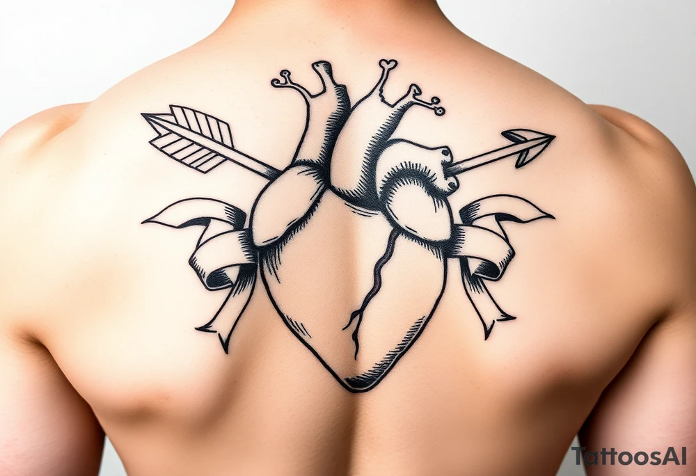 anatomical heart pierced by ornate arrow with flowing ribbons tattoo idea