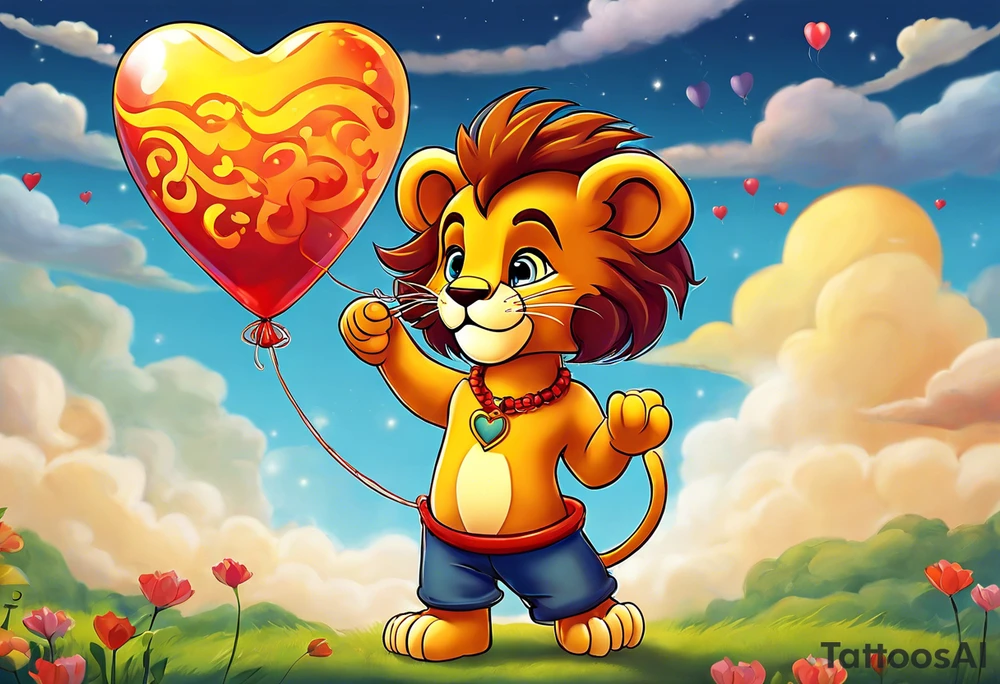 Adult serious tatoo
A little lion boy is holding a string to the hearth shaped small party baloon.
lion boy should be drawed from behind and has one hand reaching up in 45 degree angle and holding the baloon string
On the string is a wave which look like a hearbeat pulse.
draw it without any scenery, without any background. Just a boy 
Add heartbeat pulse on the string tattoo idea