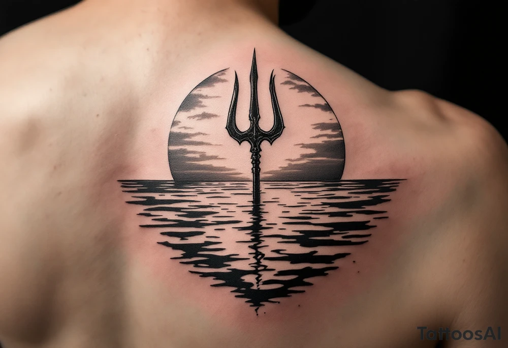 trident half way under calm water at sunset with woman tattoo idea