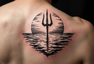 trident half way under calm water at sunset with woman tattoo idea