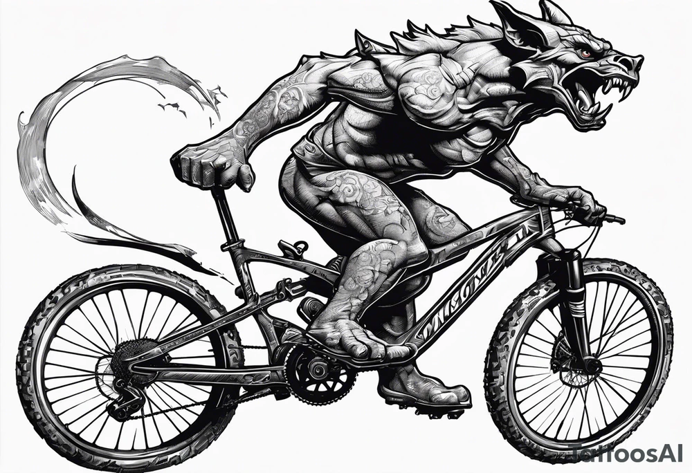 gargoyle riding a full suspension mountain bike with a shadow no background tattoo idea