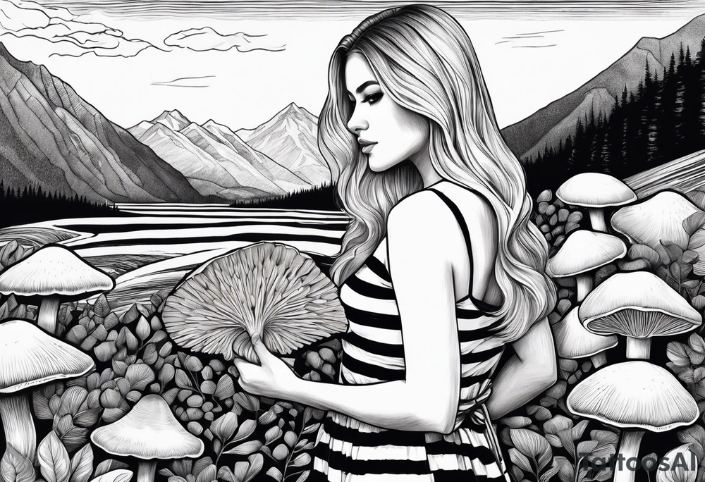 Straight blonde hair girl holding oyster mushrooms in hand facing away toward mountains surrounded by mushrooms black and white striped dress tattoo idea