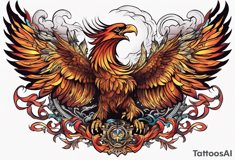 phoenix flying out of an alter made of skulls tattoo idea