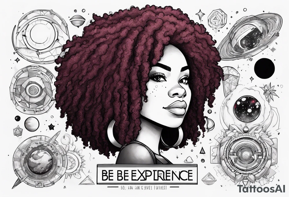 “Steven universe” Garnet, styled with locs with the words “be an experience” and has space elements and make it Afro-futurist tattoo idea