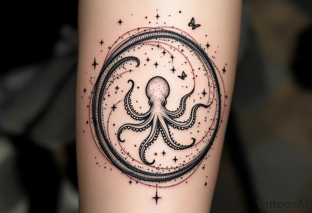 A minimalist dotwork tattoo design in the shape of a spiral galaxy. In the center, a small octopus is subtly integrated into the swirl, with flowing tentacles that extend along the spiral arms. The tentacles transform into elegant, curving lines resembling the flowing tails of koi or betta fish, partially in black ink and partially in fine red lines. Small stars are scattered throughout the galaxy shape, and two delicate butterflies hover near the edges. Style: cosmic abstraction, dotwork, fine line, with elements of Japanese graphic tattoo flow, minimalist octopus psychedelic dotwork sacred geometry sleeve tattoo idea