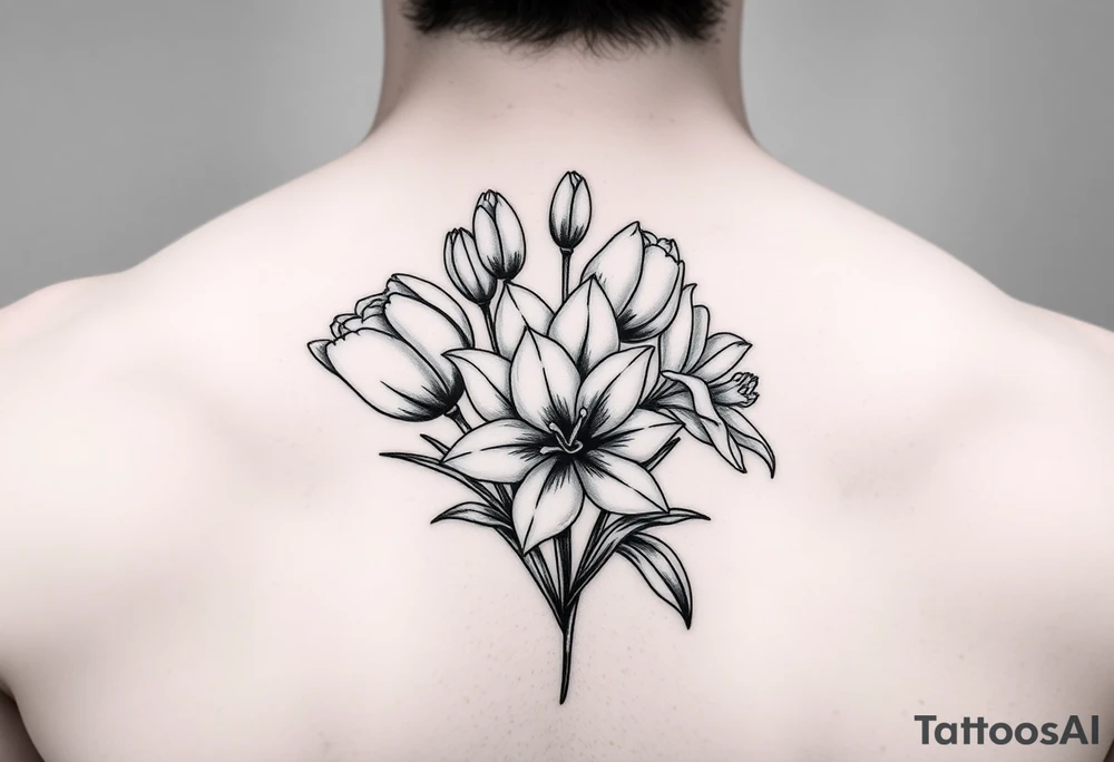 tulips, lily and daffodil clustered together tattoo idea