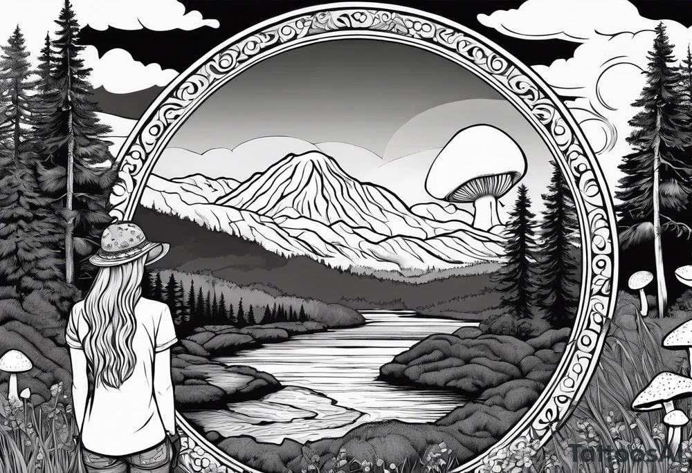 Whole picture encircled fully

Straight long blonde hair hippie girl in distance holding mushrooms in hand facing away toward mountains and creek surrounded by mushrooms long sleeve shirt and hiking pants; whole rendering within a full circle, no cut off circle tattoo idea