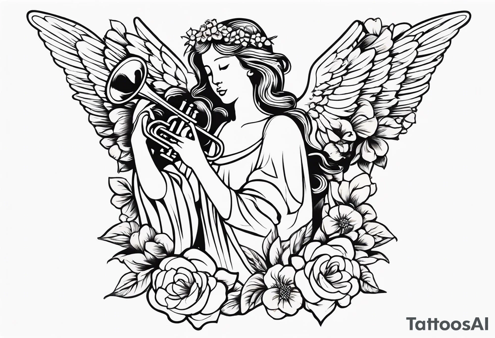 angel with trumpet
old school vintage simple traditional design with vintage flowers surrounding it bold color simple tattoo idea