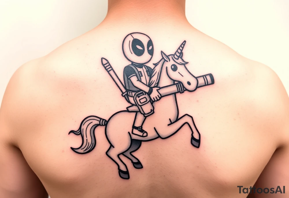 Deadpool riding unicorn holding rocket propelled grenade launcher tattoo idea