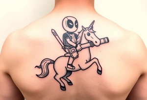 Deadpool riding unicorn holding rocket propelled grenade launcher tattoo idea