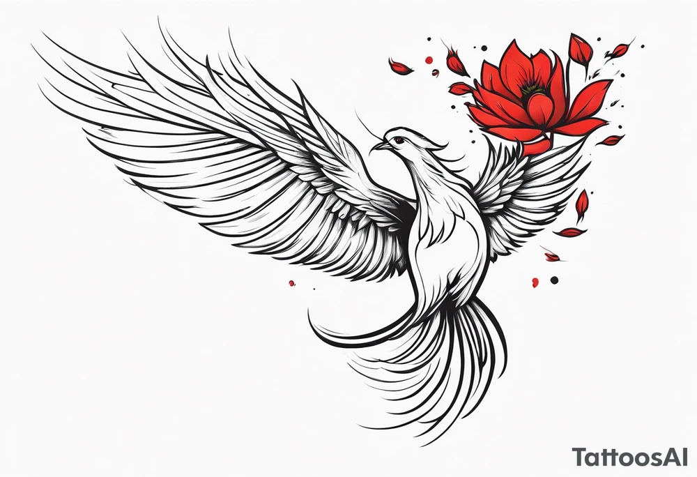 elongated phoenix in flight
in profile with claws holding red flowers falling tattoo idea