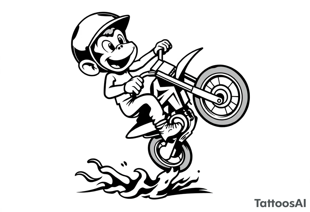 Cartoon monkey with helmet on a dirtbike doing a wheelie tattoo idea