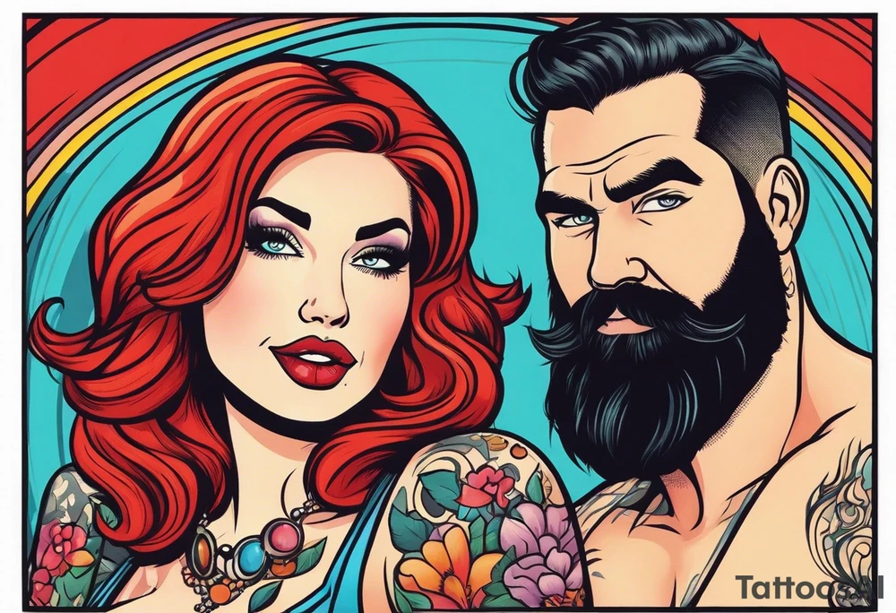 Busty Red haired woman with black haired bearded man tattoo idea