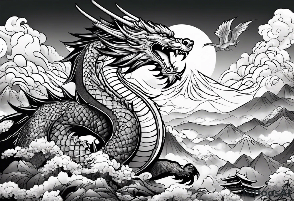 beautiful warrior nymph riding a dragon and the background will be mountains, clouds, and a Japanese building tattoo idea