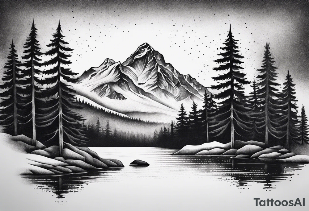 A snow capped mountain with pine trees and a river that becomes a beach tattoo idea