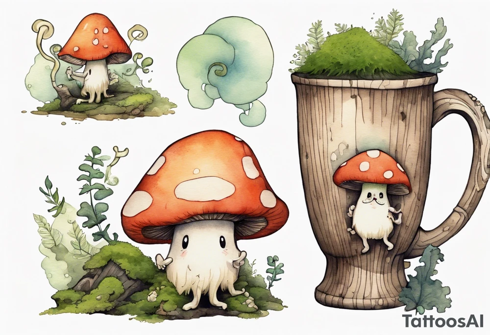 a mushroom with a face and a moss beard and arms and legs drinking from a wood mug, laughing tattoo idea