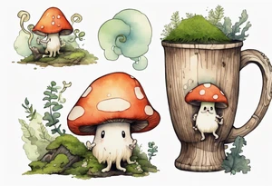 a mushroom with a face and a moss beard and arms and legs drinking from a wood mug, laughing tattoo idea