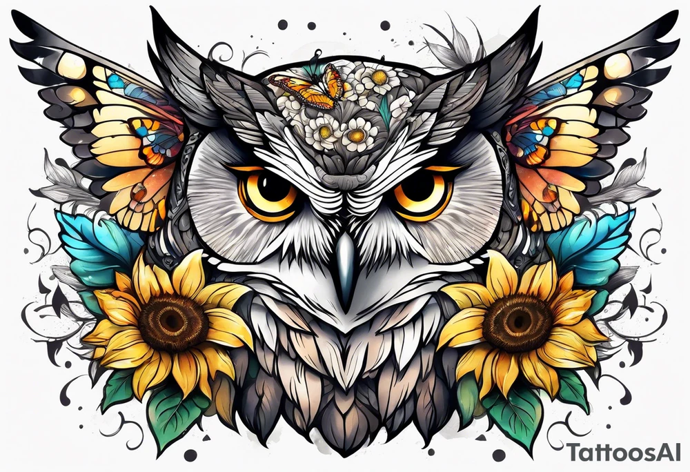 Owl with angel wings surrounded by sunflowers and butterflies sleeve tattoo idea