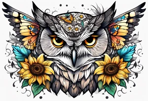 Owl with angel wings surrounded by sunflowers and butterflies sleeve tattoo idea