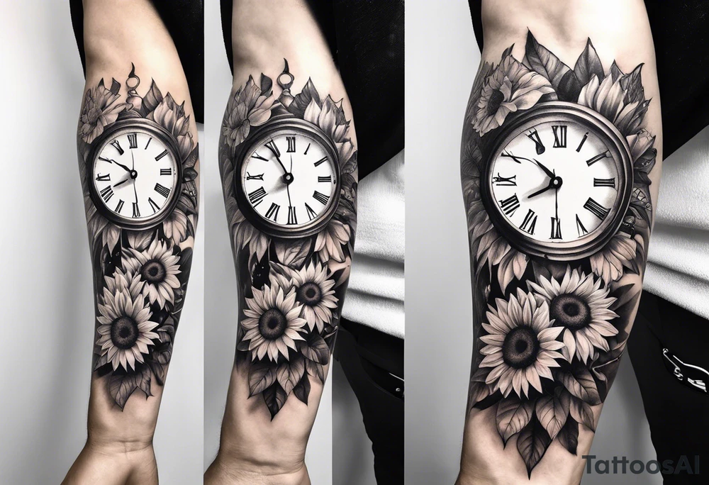 Sleeve with clock, sunflower and butterfly tattoo idea