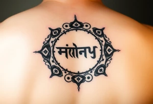 Create a tattoo that writes the Hindi word "Anichya" with A circle or spiral, which represents the cyclical nature of life and death tattoo idea