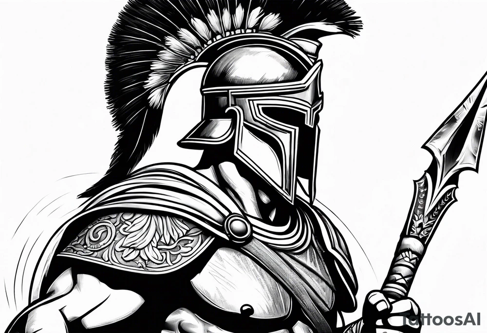 greek spartan warriors black face under the helmet, holding a spear tattoo idea