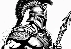 greek spartan warriors black face under the helmet, holding a spear tattoo idea