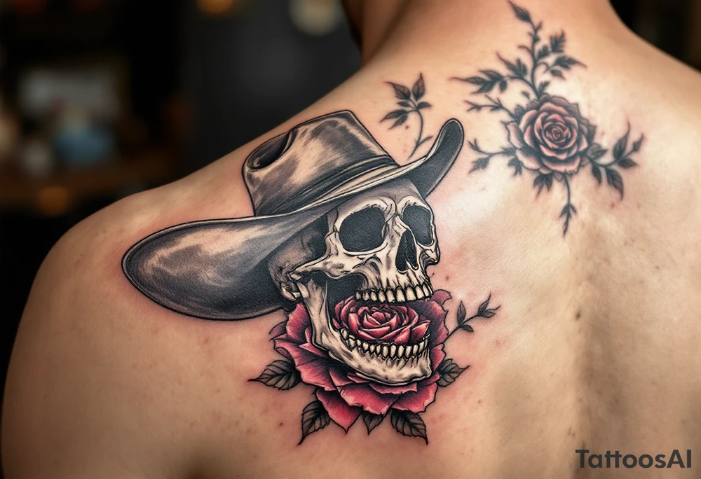 Full skeleton body and head 
cowboy with rose in teeth tattoo idea