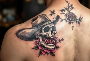 Full skeleton body and head 
cowboy with rose in teeth tattoo idea