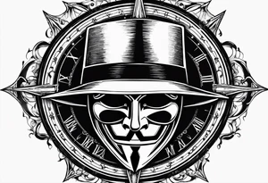 Centered v for vendetta, mask only. No hat.   Vintage compass surround. Crossed fencing swords. Pop art tattoo idea