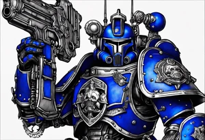 Warhammer 40000 ultramarine power armor with chain sword and bolt pistol tattoo idea