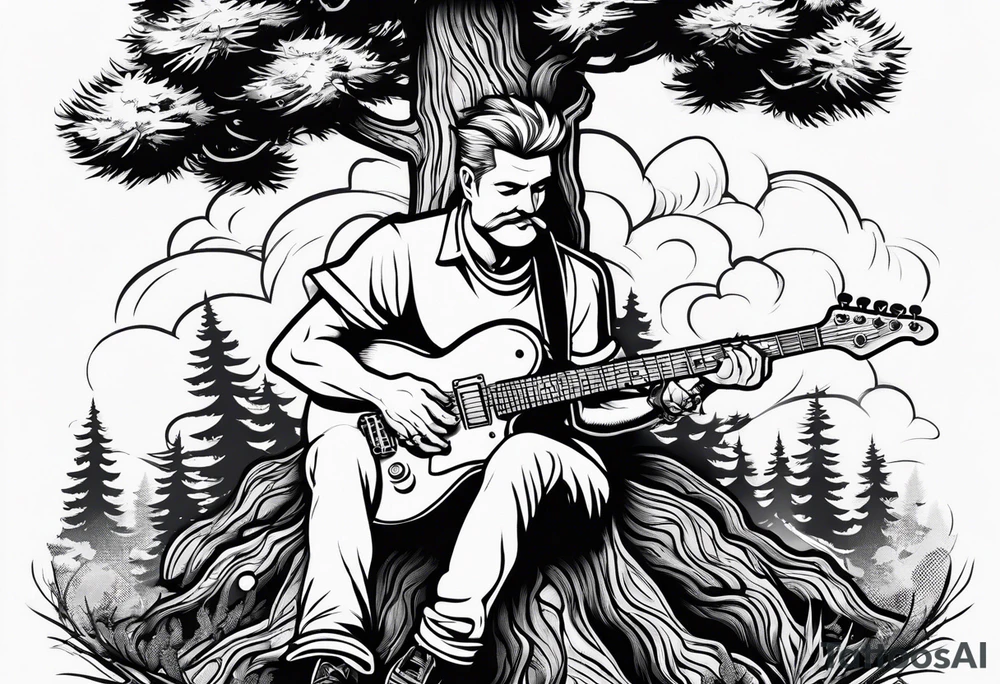 a cartoon drawing of a man sitting in a pine tree playing electric guitar tattoo idea