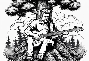 a cartoon drawing of a man sitting in a pine tree playing electric guitar tattoo idea
