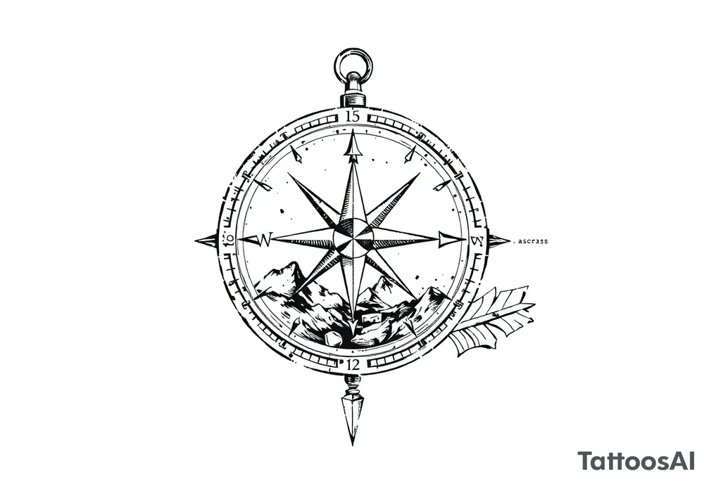 a compass,stars,landscape,an arrow. tattoo idea