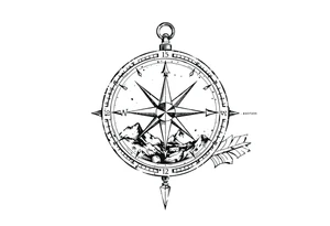 a compass,stars,landscape,an arrow. tattoo idea