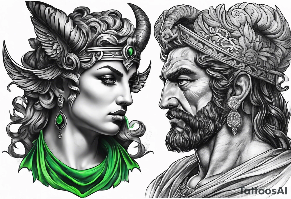 Greek devil and green angel tattoo idea