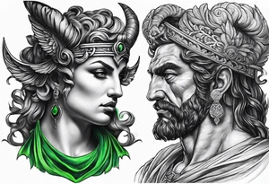 Greek devil and green angel tattoo idea