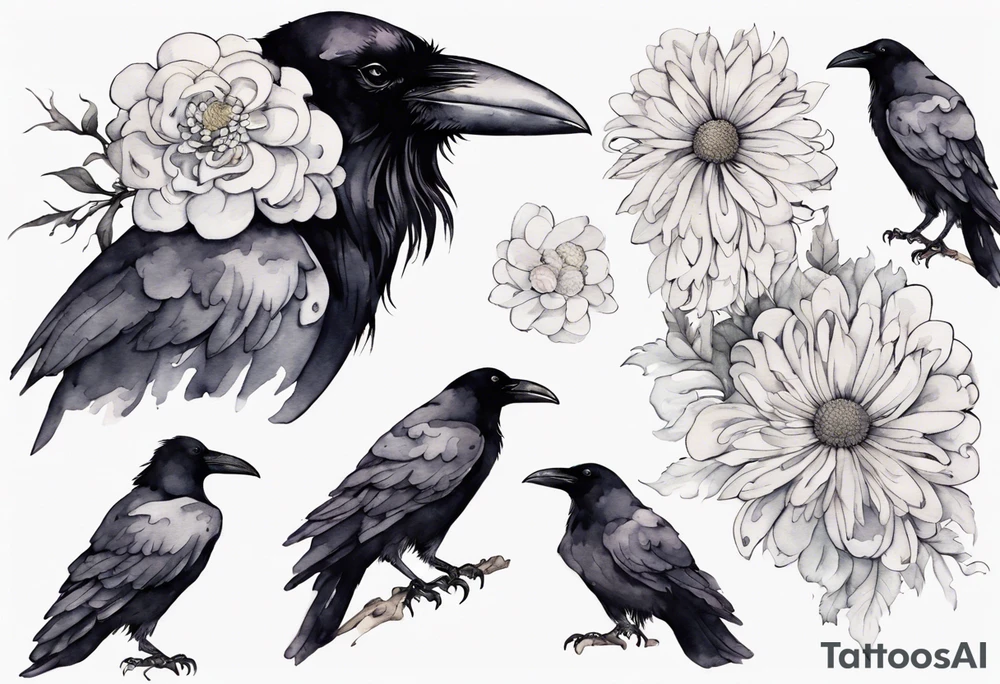 a raven wearing a white chrysanthemum hat tattoo idea