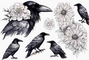 a raven wearing a white chrysanthemum hat tattoo idea