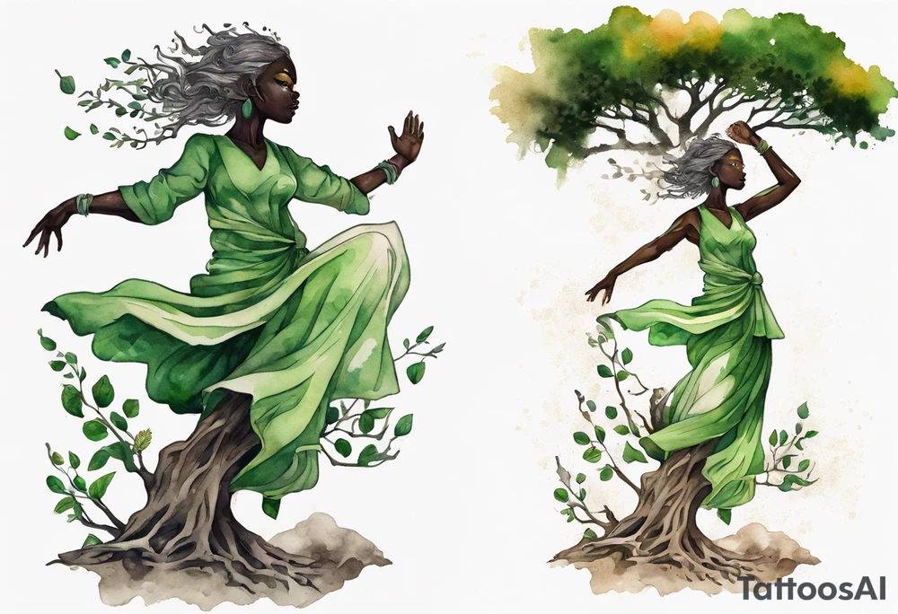 A tree woman with dark skin with green eyes with branch arms reaching up towards the sun and feet planted in the soil tattoo idea