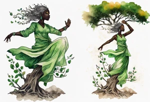 A tree woman with dark skin with green eyes with branch arms reaching up towards the sun and feet planted in the soil tattoo idea